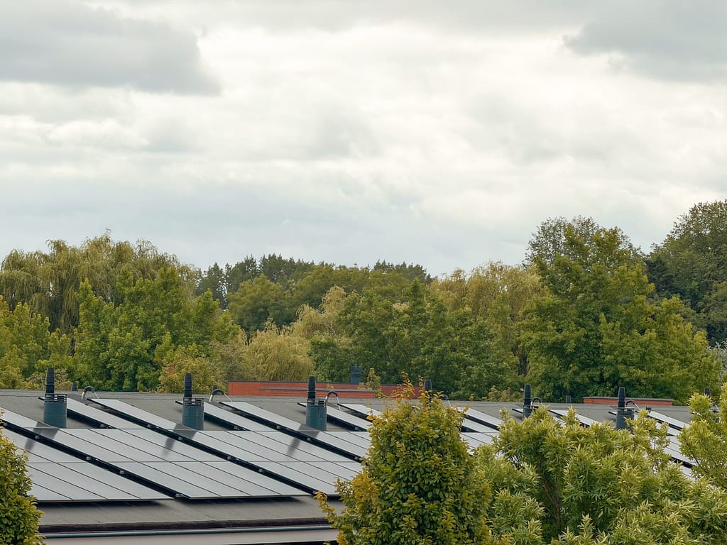 Dutch rijtjeshuis rooftops covered in solar panels viewed from an Amsterdam balcony, illustrating the overlooked electromagnetic density of modern Dutch neighborhoods.