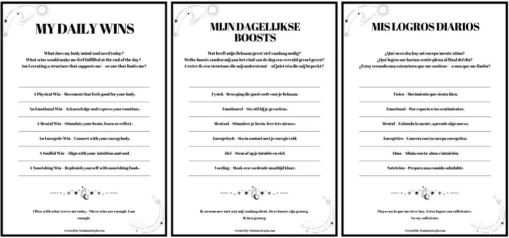 Three Daily Wins list freebies by Tanimara Layla — printable tools for honoring movement, nourishment, and alignment throughout the day, designed for the highly sensitive person's daily routine.