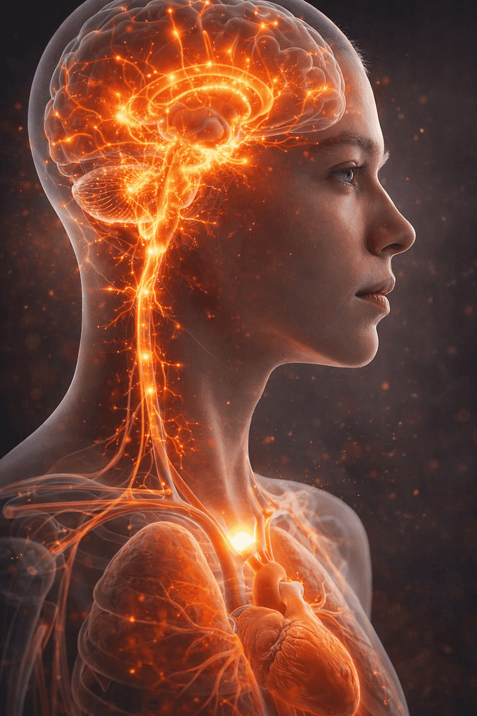 Medical-style illustration representing Epstein-Barr long-term effects, chronic stress response, and nervous system dysregulation. Female side profile showing the brain and nervous system with red alarm-like signals.