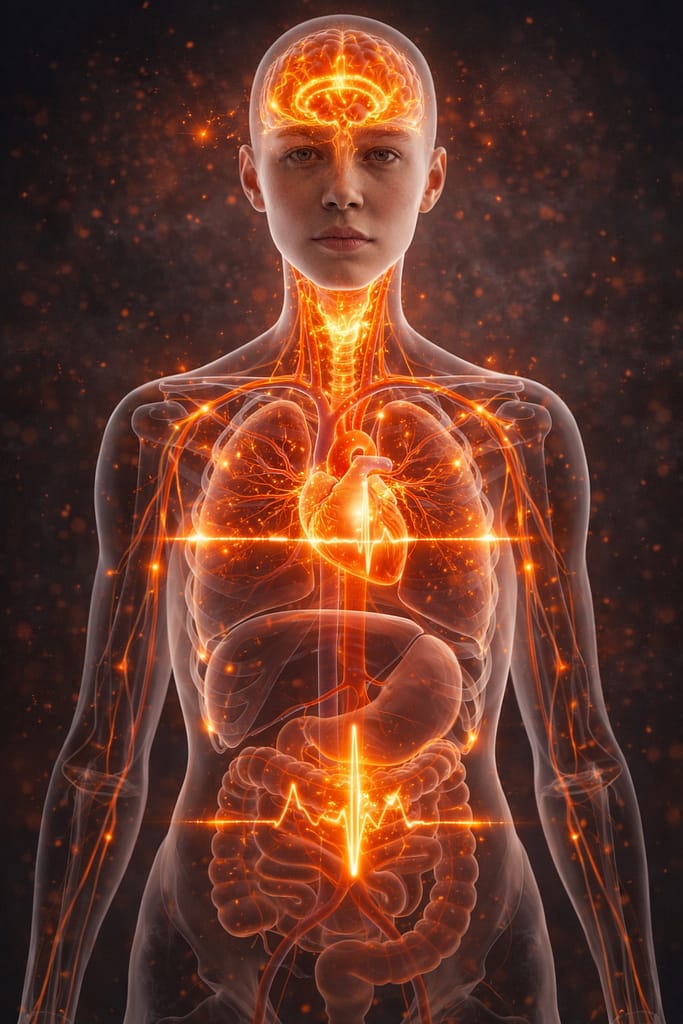 Medical illustration representing Epstein-Barr long-term effects, autonomic nervous system regulation, and post-viral fatigue recovery. Ahuman body highlighting the vagus nerve, heart, and digestive system.