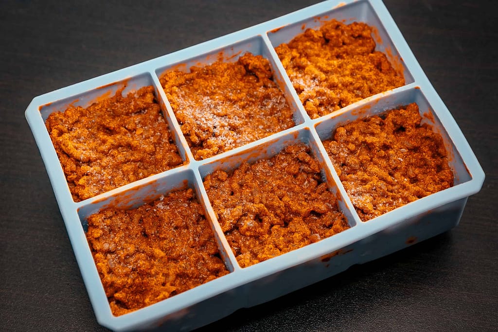 Ice cube tray with four large 5 cm cubes filled with sloppy joe ground beef, showing a meal prep tip for easy portioning and freezer-friendly storage.