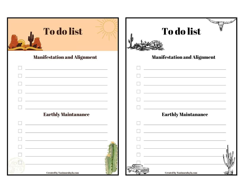 Two printable to-do lists designed with gentle structure and mindful flow, part of Tanimara Layla's free resource pack for chronic fatigue and nervous system pacing.